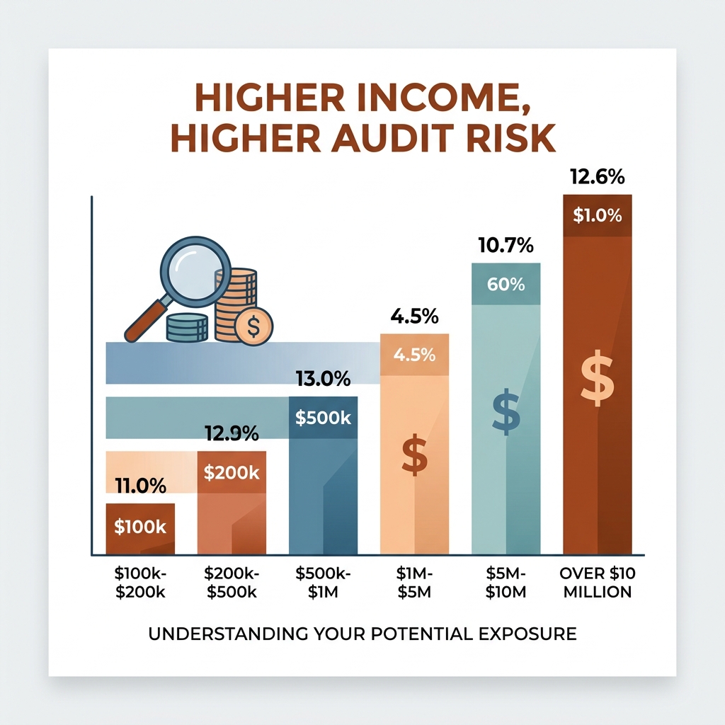 Table comparing audit rates by income level showing higher risk for high earners - IRS audit defense help infographic