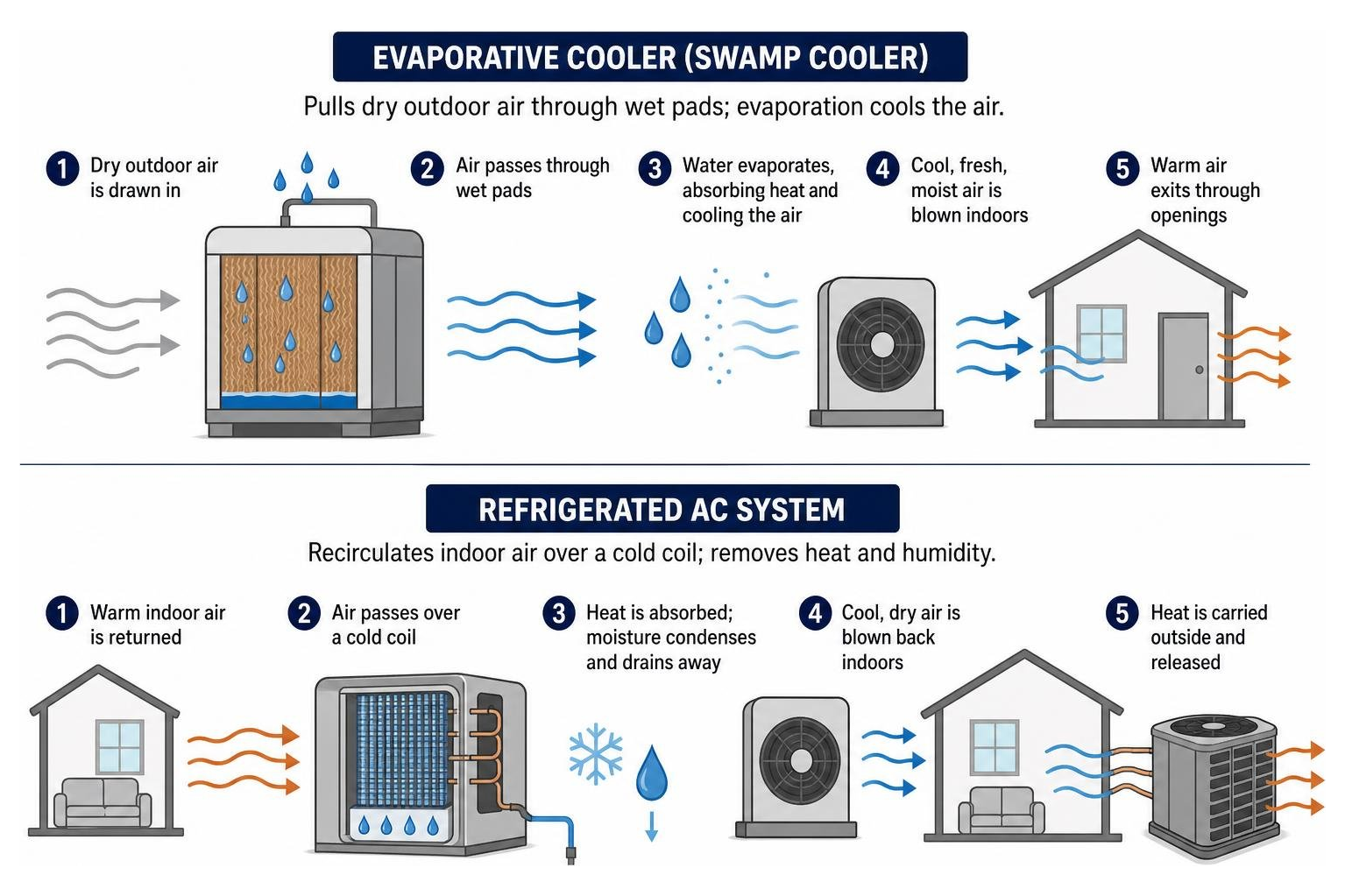 Diagram showing the cooling process of an evaporative cooler pulling dry air through wet pads versus a refrigerated AC Diagram showing the cooling process of an evaporative cooler pulling dry air through wet pads versus a refrigerated AC
