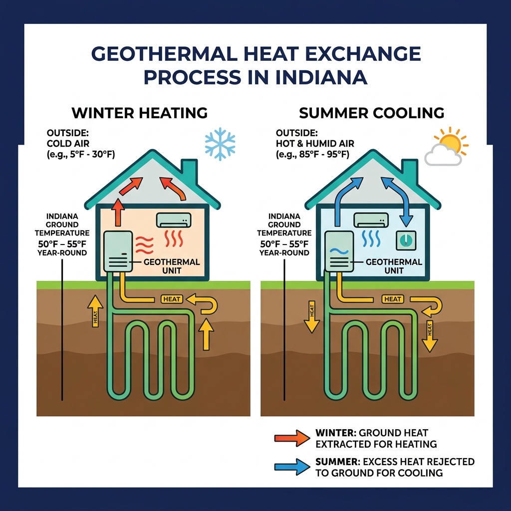 Geothermal heat exchange process in Indiana infographic - is geothermal heating worth it in Indiana infographic Geothermal heat exchange process in Indiana infographic - is geothermal heating worth it in Indiana infographic