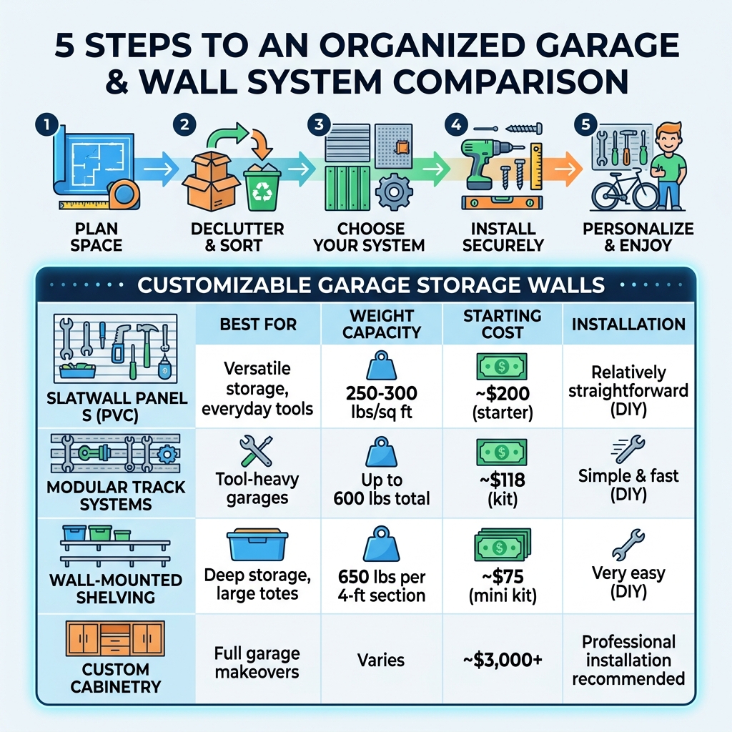 5-step garage organization infographic comparing wall storage system types, capacities, costs, and installation