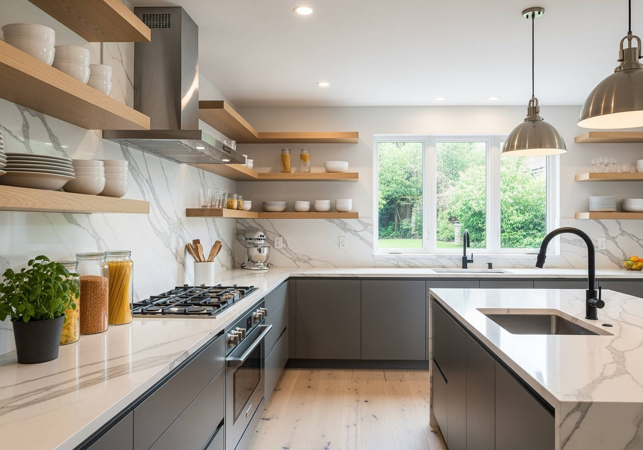 modern kitchen with open shelves and marble backsplash - modern apartment living