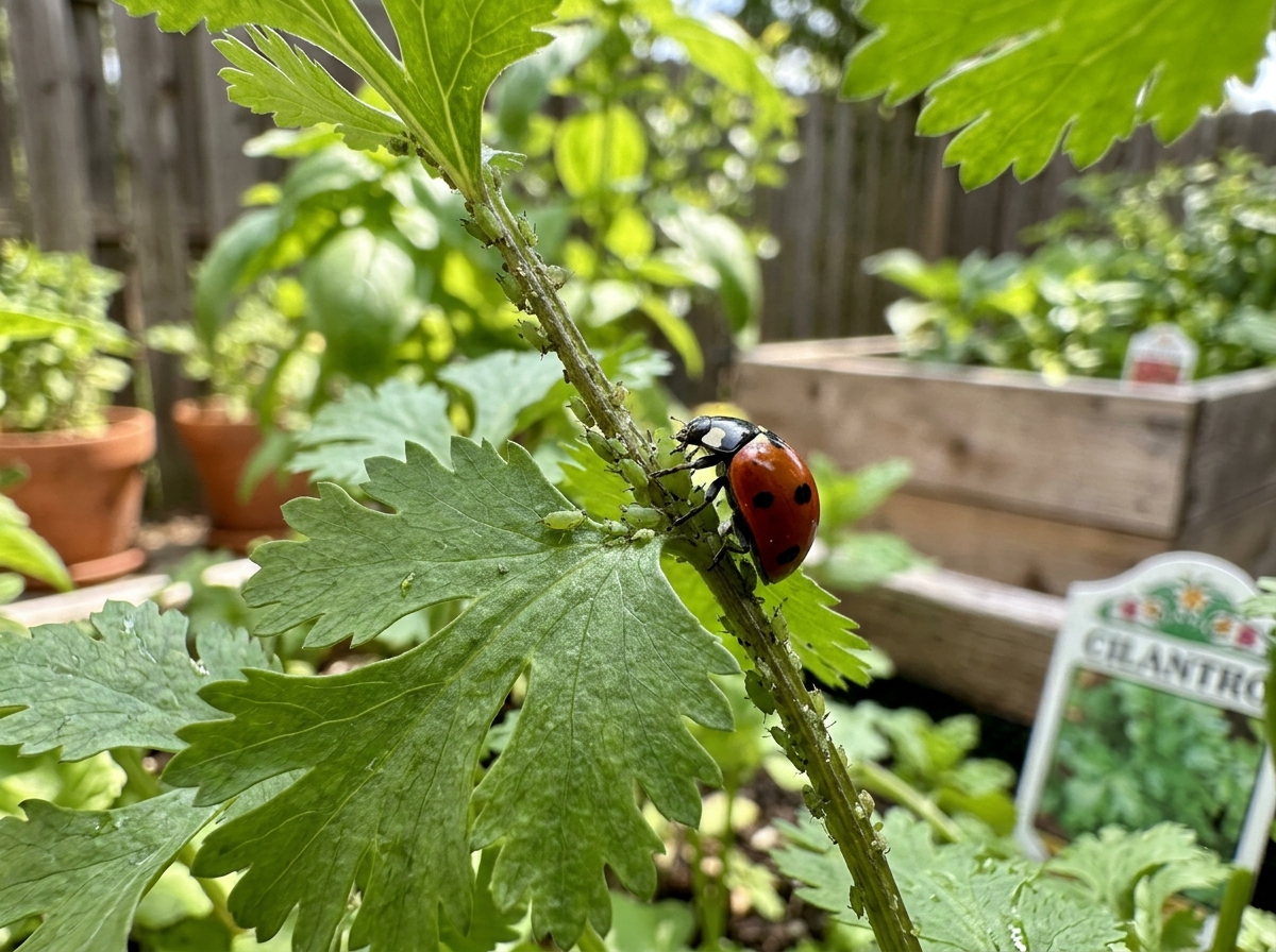 ladybug eating aphids on a cilantro stem - get rid of aphids on herbs