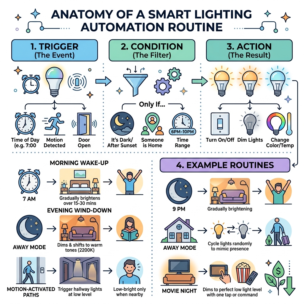 Infographic showing anatomy of a smart lighting automation routine: trigger, condition, action, and example routines - smart