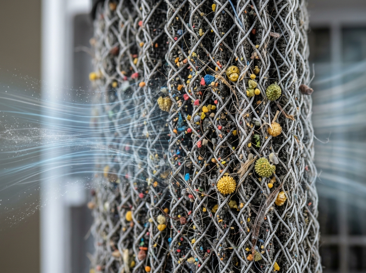 Airborne particles like dust and pollen being trapped by a dehumidifier filter - dehumidifier filter replacement