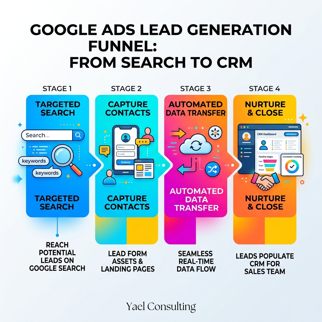 Modern Google Ads lead generation funnel from search to CRM - Google Ads lead generation infographic Modern Google Ads lead generation funnel from search to CRM - Google Ads lead generation infographic