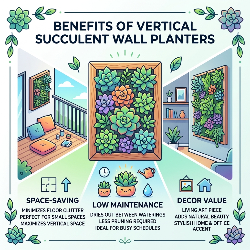 Benefits of vertical succulent wall planters infographic showing space-saving, low maintenance, and decor value - vertical