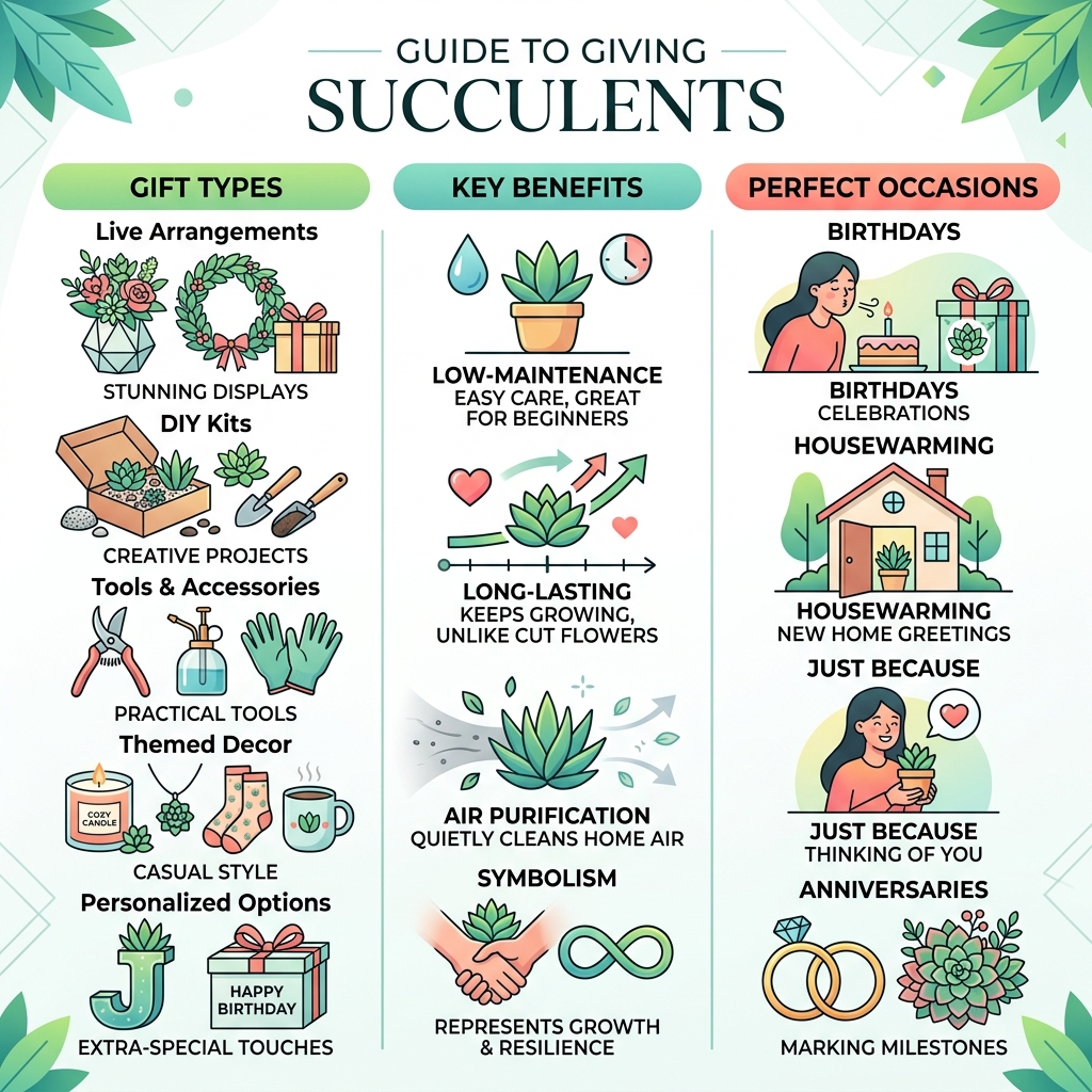 Overview of succulent gift types, benefits, and occasions for gifting - gifts for someone who loves succulents infographic 