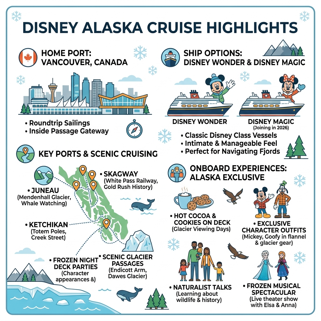 Disney Alaska cruise highlights infographic showing ports, ship options, and onboard experiences - alaska cruises disney Disney Alaska cruise highlights infographic showing ports, ship options, and onboard experiences - alaska cruises disney
