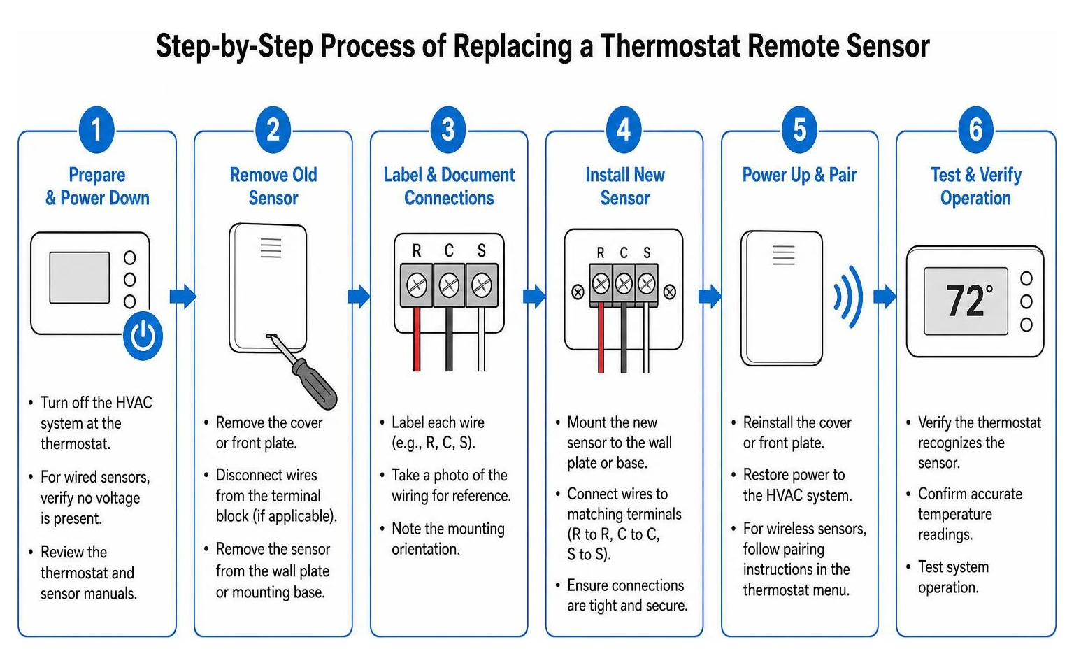 Step-by-step process of replacing a thermostat remote sensor Step-by-step process of replacing a thermostat remote sensor