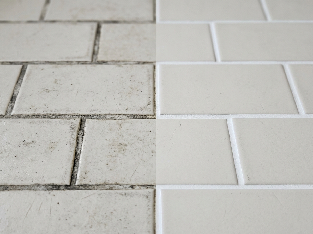 Before and after comparison of color-restored grout - eco friendly grout restorer Before and after comparison of color-restored grout - eco friendly grout restorer