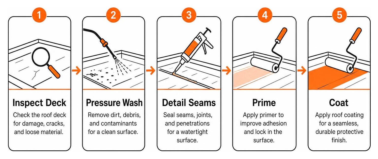 Step-by-step roof restoration: inspect deck, pressure wash, detail seams, prime, and coat Step-by-step roof restoration: inspect deck, pressure wash, detail seams, prime, and coat