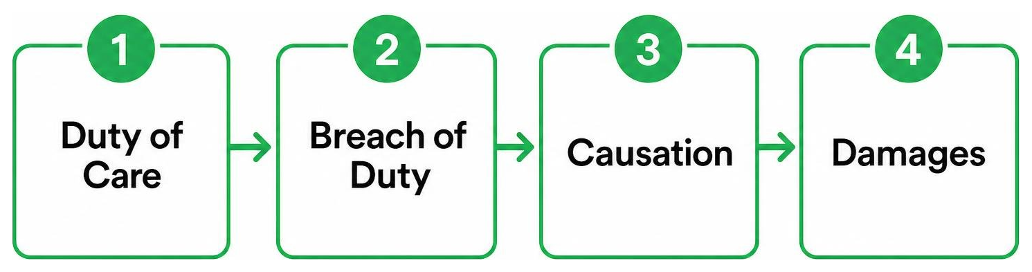 Diagram of the four elements of negligence: Duty of Care, Breach of Duty, Causation, and Damages Diagram of the four elements of negligence: Duty of Care, Breach of Duty, Causation, and Damages