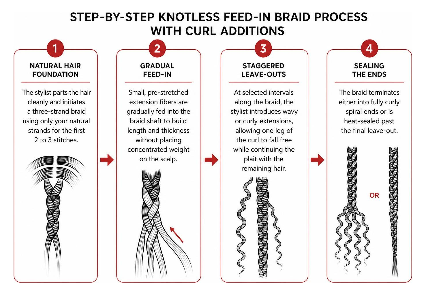 Step-by-step knotless feed-in braid process with curl additions
