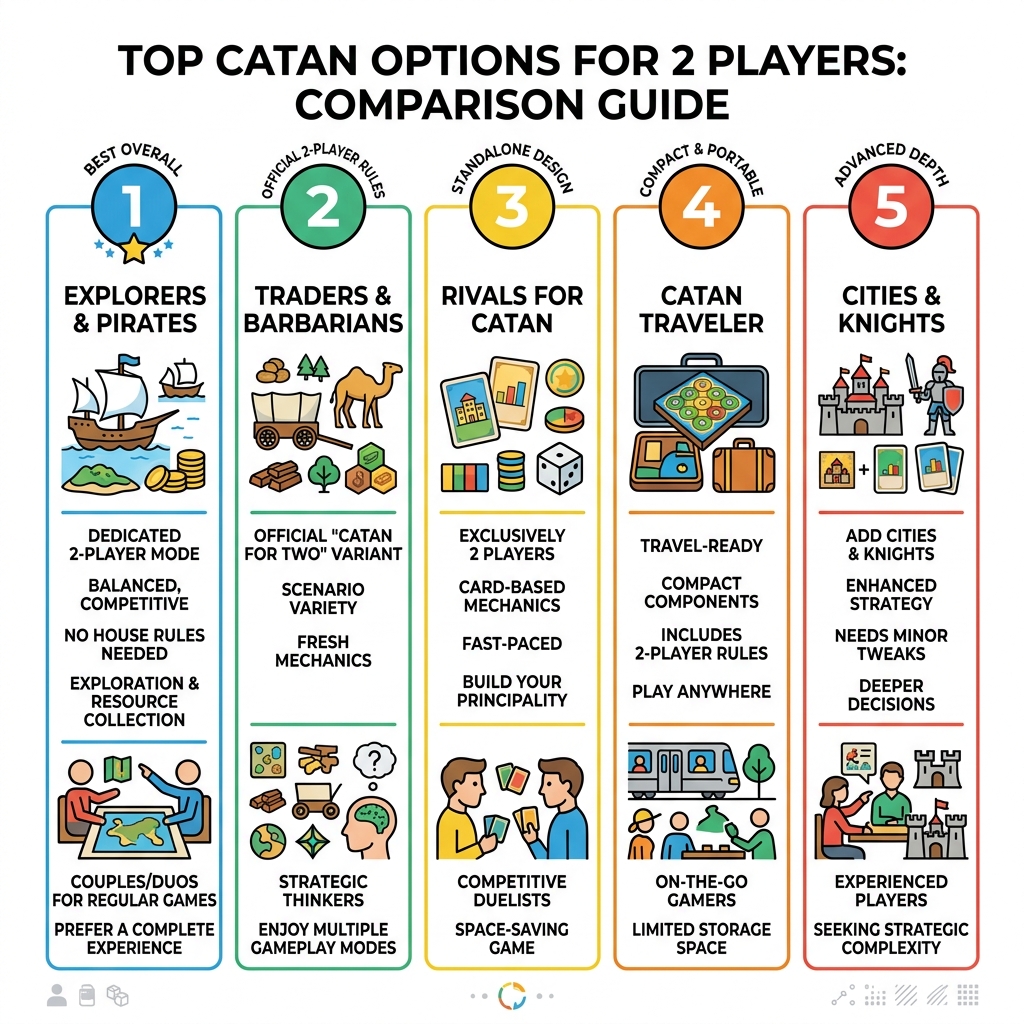 2-player Catan expansion comparison infographic showing top options, key features, and player types - best catan expansion 2-player Catan expansion comparison infographic showing top options, key features, and player types - best catan expansion