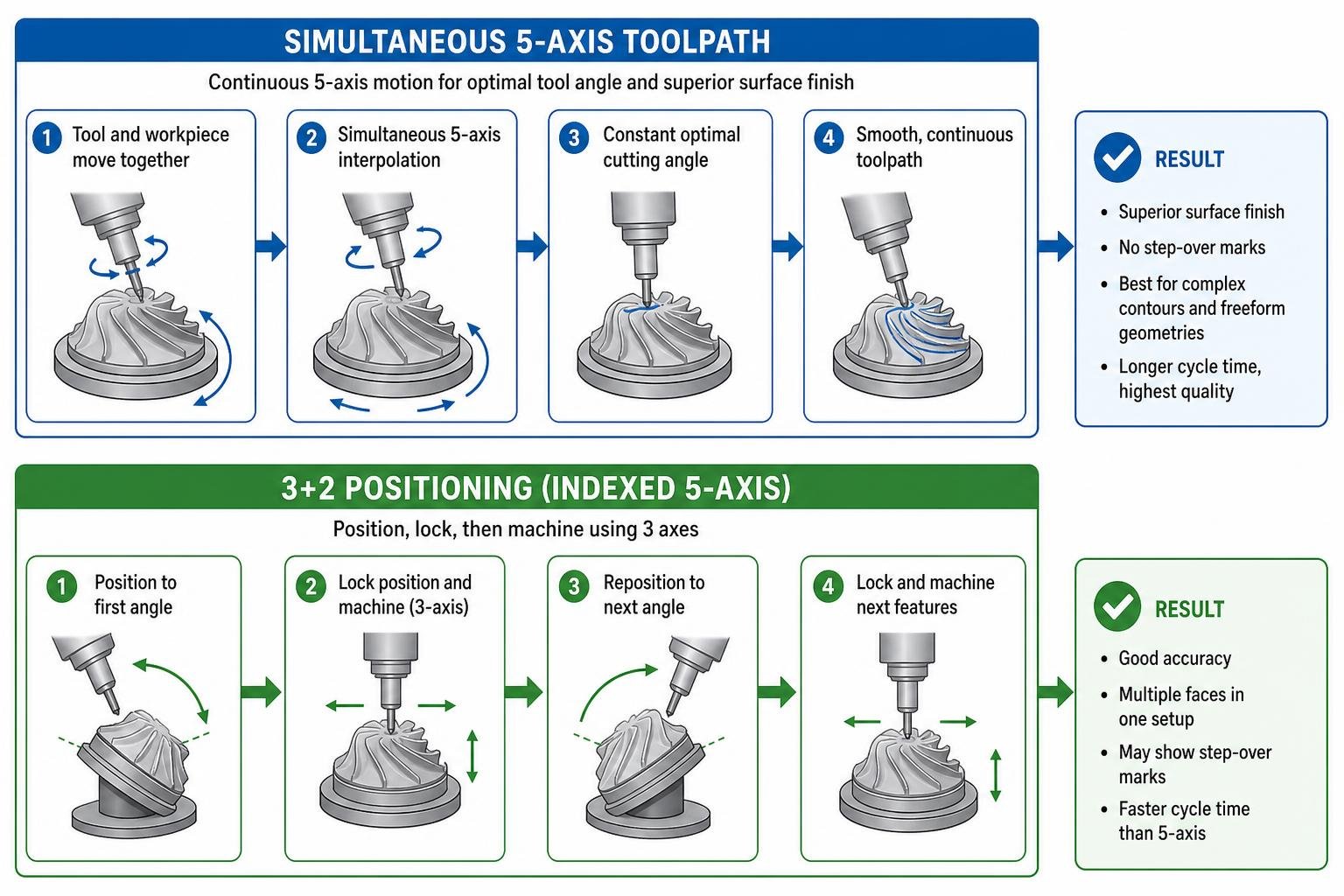 Diagram comparing simultaneous 5-axis toolpaths vs 3+2 positioning setups