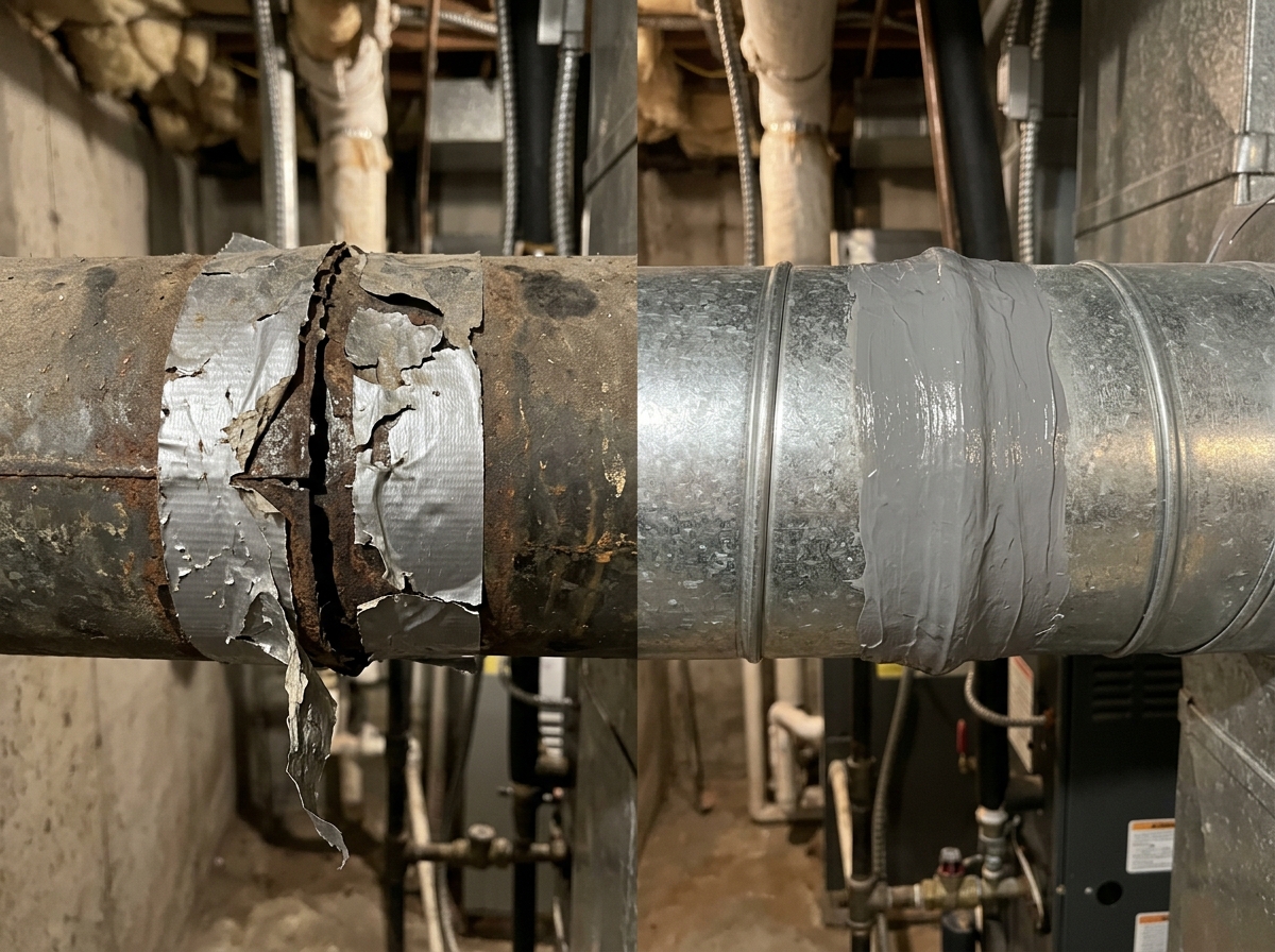 Close-up of improper duct tape peeling off a metal duct joint compared to professional mastic sealant - duct repair services