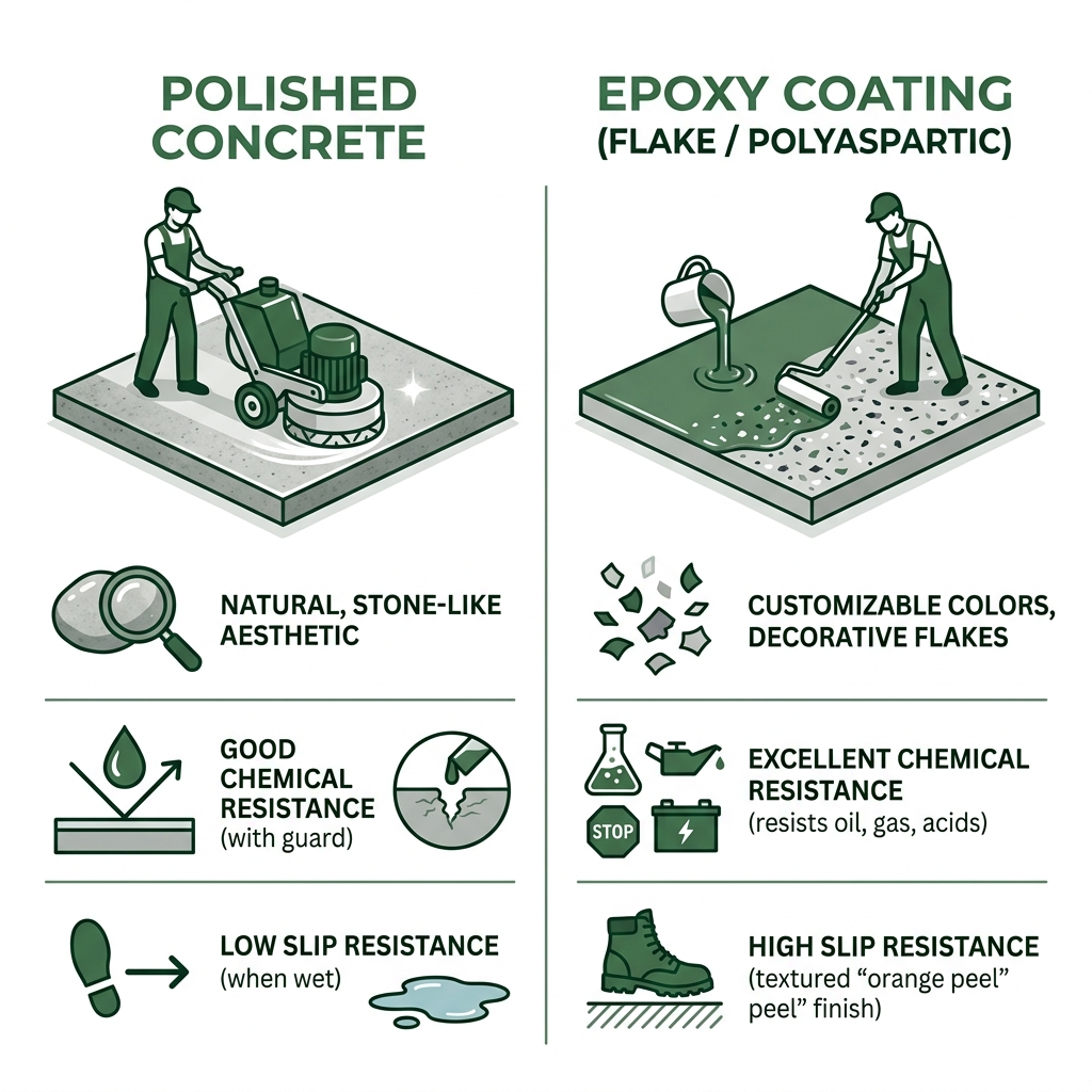 Comparison of polished concrete vs epoxy infographic - polished concrete garage floor infographic Comparison of polished concrete vs epoxy infographic - polished concrete garage floor infographic