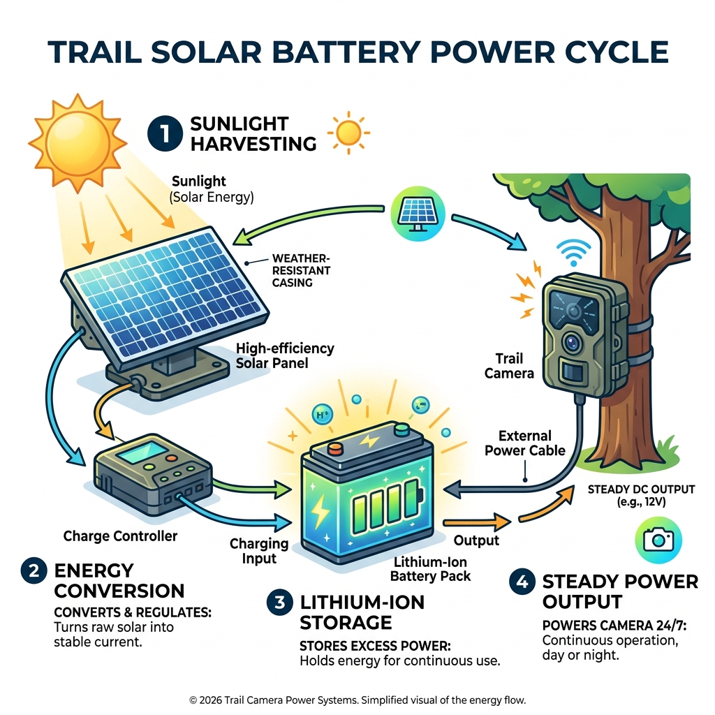 Solar energy to lithium-ion storage conversion process for trail camera power systems - trail solar battery pack infographic 