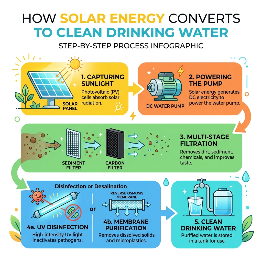 How solar energy converts to clean drinking water — step-by-step process infographic - solar powered water purifiers