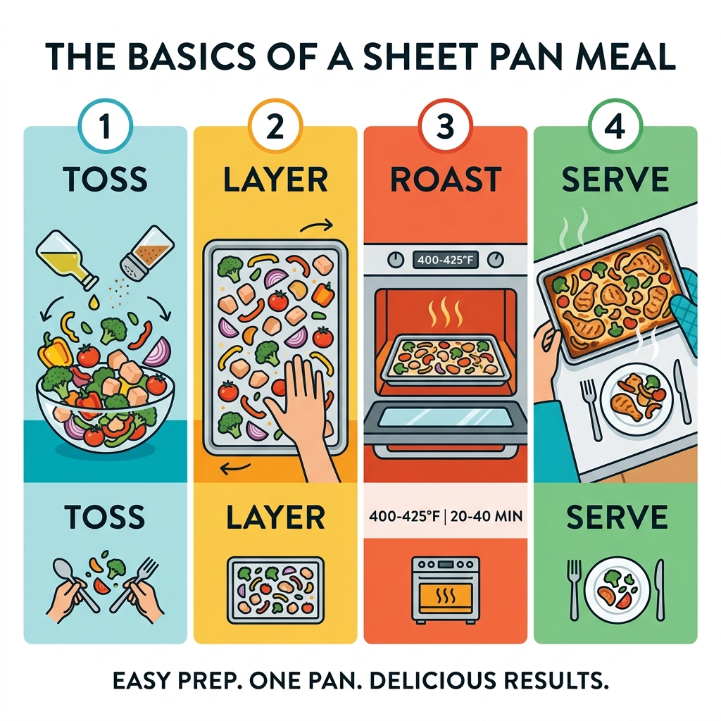 4-step infographic: toss, layer, roast, serve — the basics of a sheet pan meal - healthy sheet pan meals infographic 4-step infographic: toss, layer, roast, serve — the basics of a sheet pan meal - healthy sheet pan meals infographic