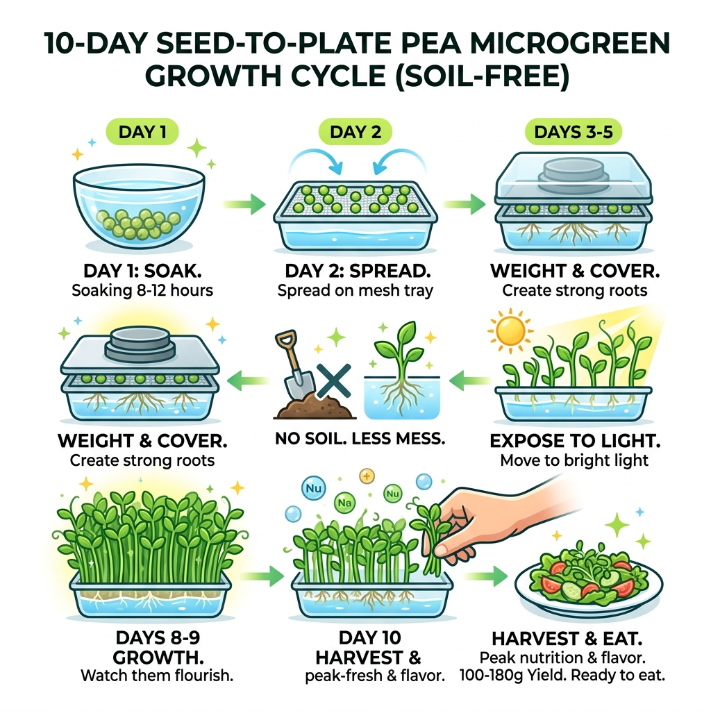 10-day seed-to-plate pea microgreen growth cycle infographic - growing pea microgreens without soil infographic 10-day seed-to-plate pea microgreen growth cycle infographic - growing pea microgreens without soil infographic
