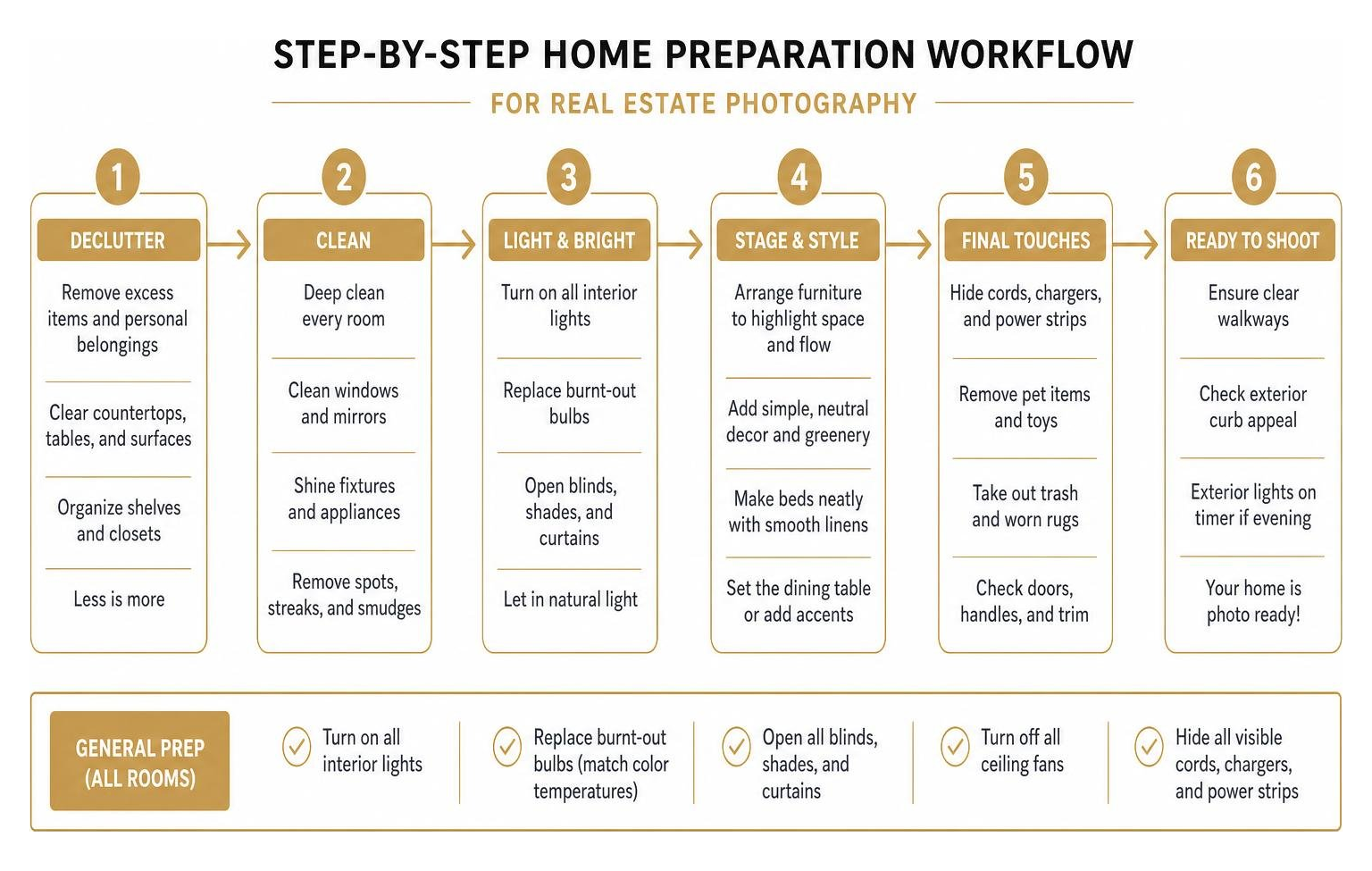 Step-by-step home preparation workflow for real estate photography Step-by-step home preparation workflow for real estate photography