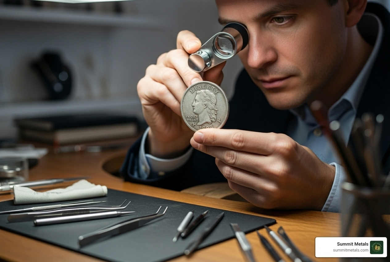 a professional jeweler examining a silver coin with a loupe - we buy silver and gold