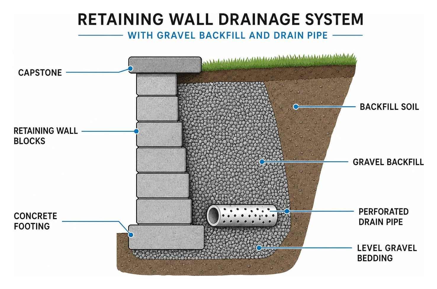 Retaining wall drainage system with gravel backfill and drain pipe Retaining wall drainage system with gravel backfill and drain pipe