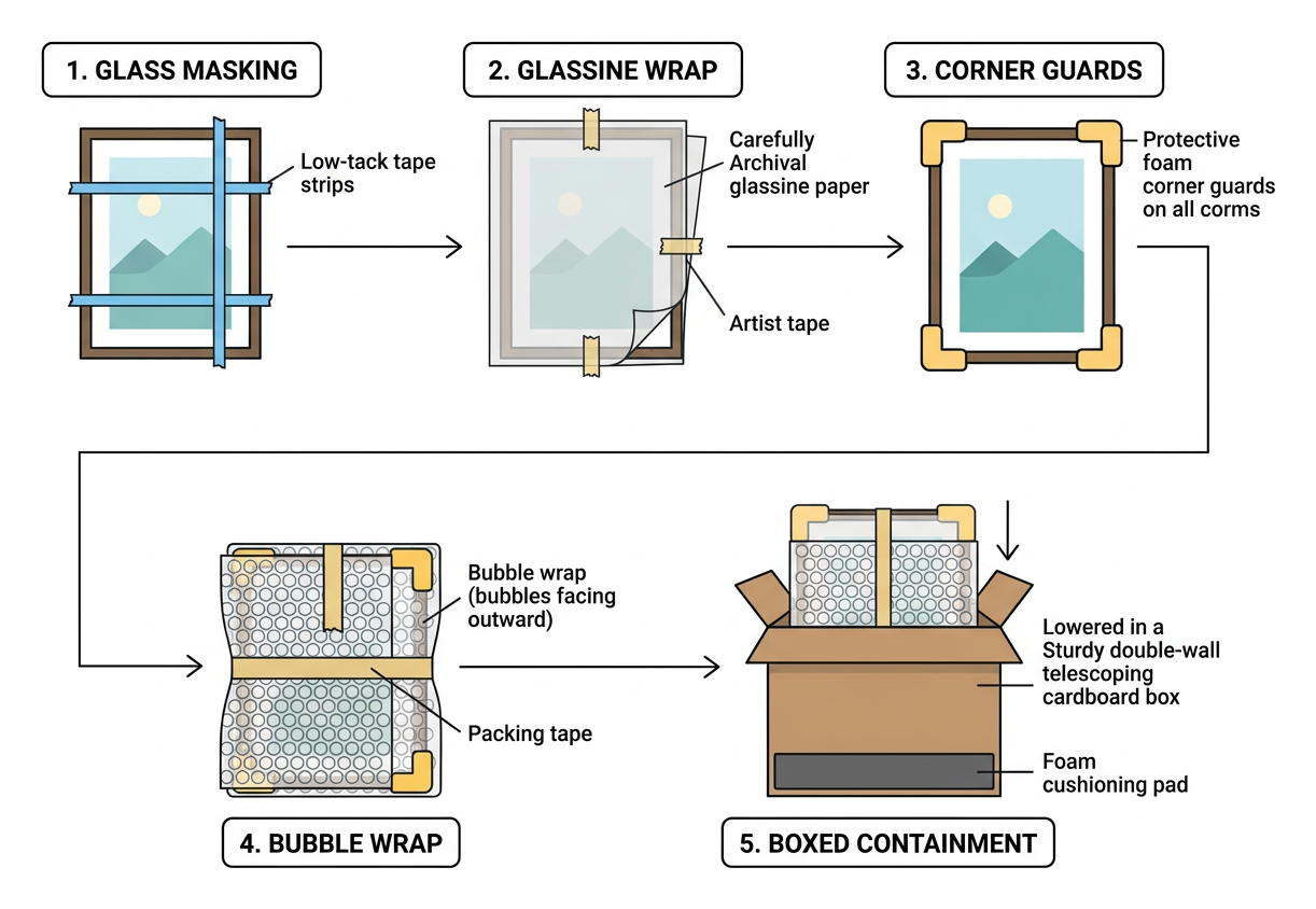 Framed artwork packing workflow: glass masking, glassine wrap, corner guards, bubble wrap, boxed containment