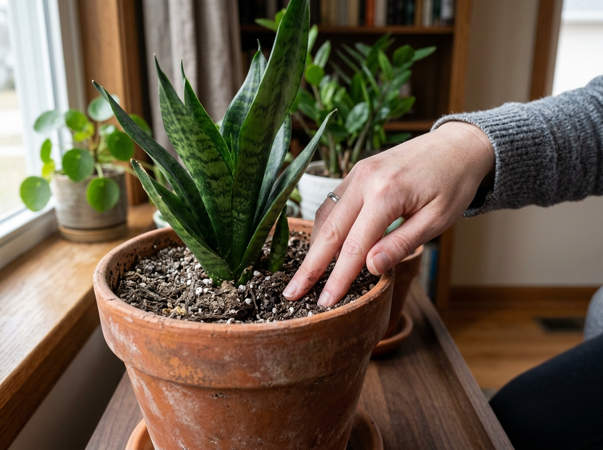 A person checking the top two inches of soil for dryness - snake plant low maintenance