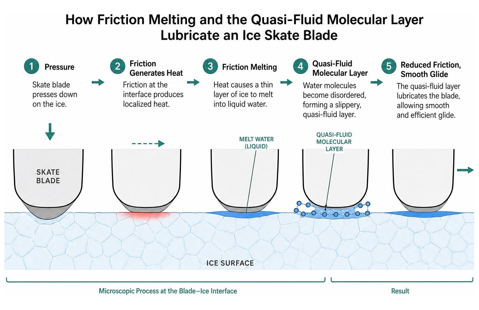 Diagram showing how friction melting and the quasi-fluid molecular layer lubricate an ice skate blade