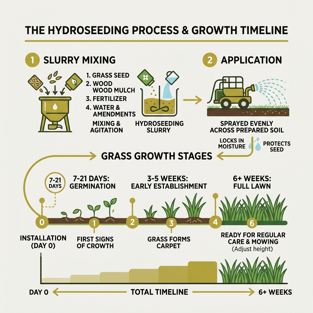 Hydroseeding process infographic from slurry mixing to grass growth stages and timeline - hydroseeding contractor near me