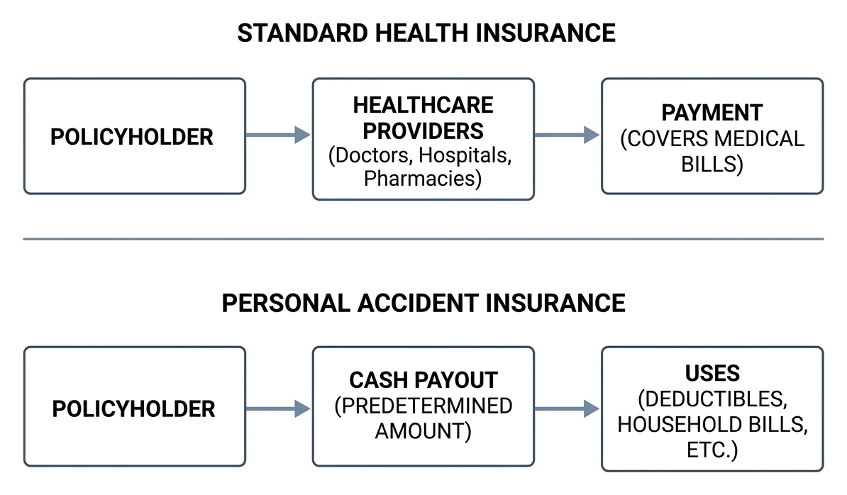 Diagram showing how accident insurance pays cash to the policyholder while health insurance pays providers Diagram showing how accident insurance pays cash to the policyholder while health insurance pays providers