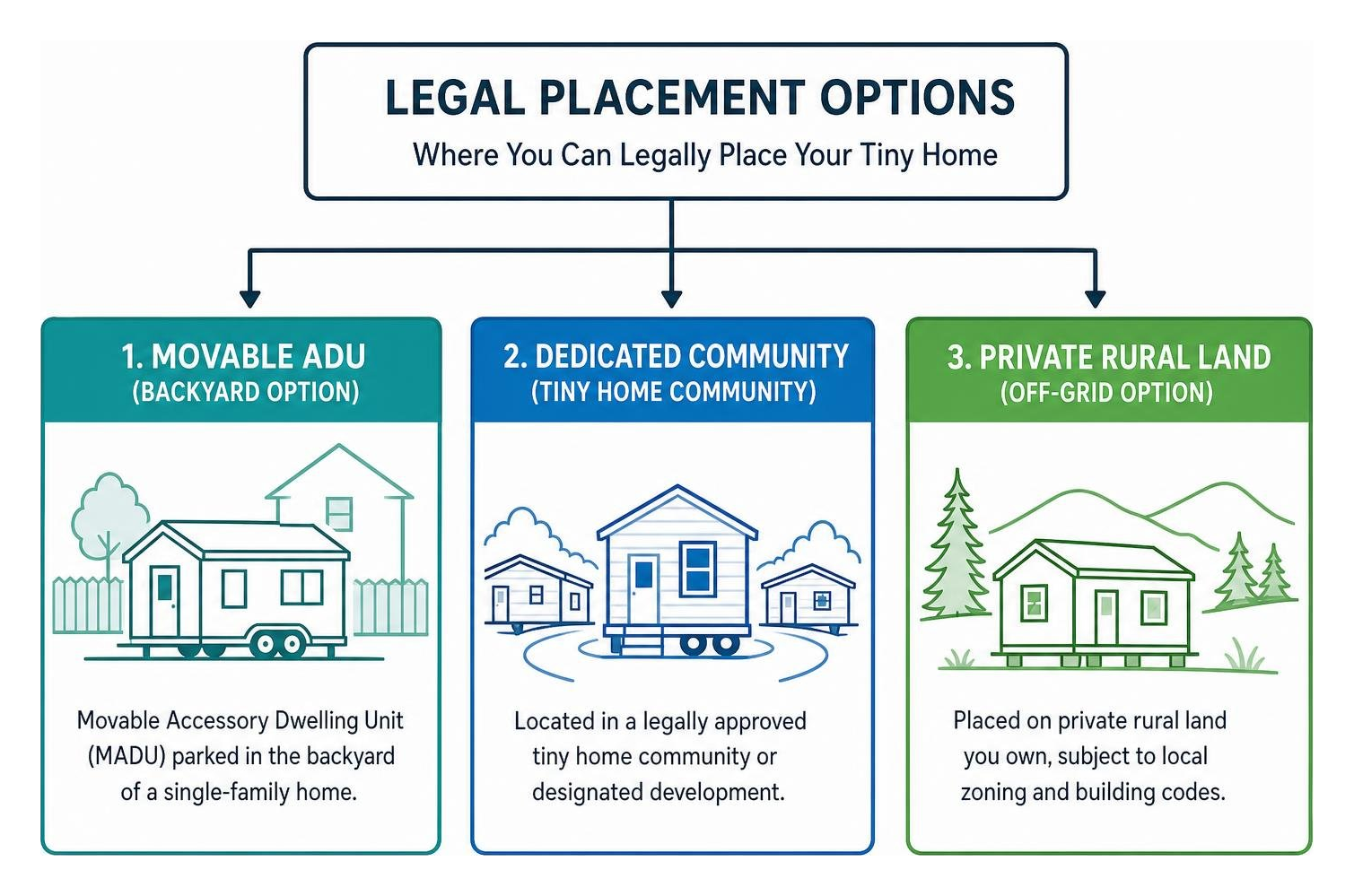 Legal placement options: Movable ADU, dedicated community, and private rural land
