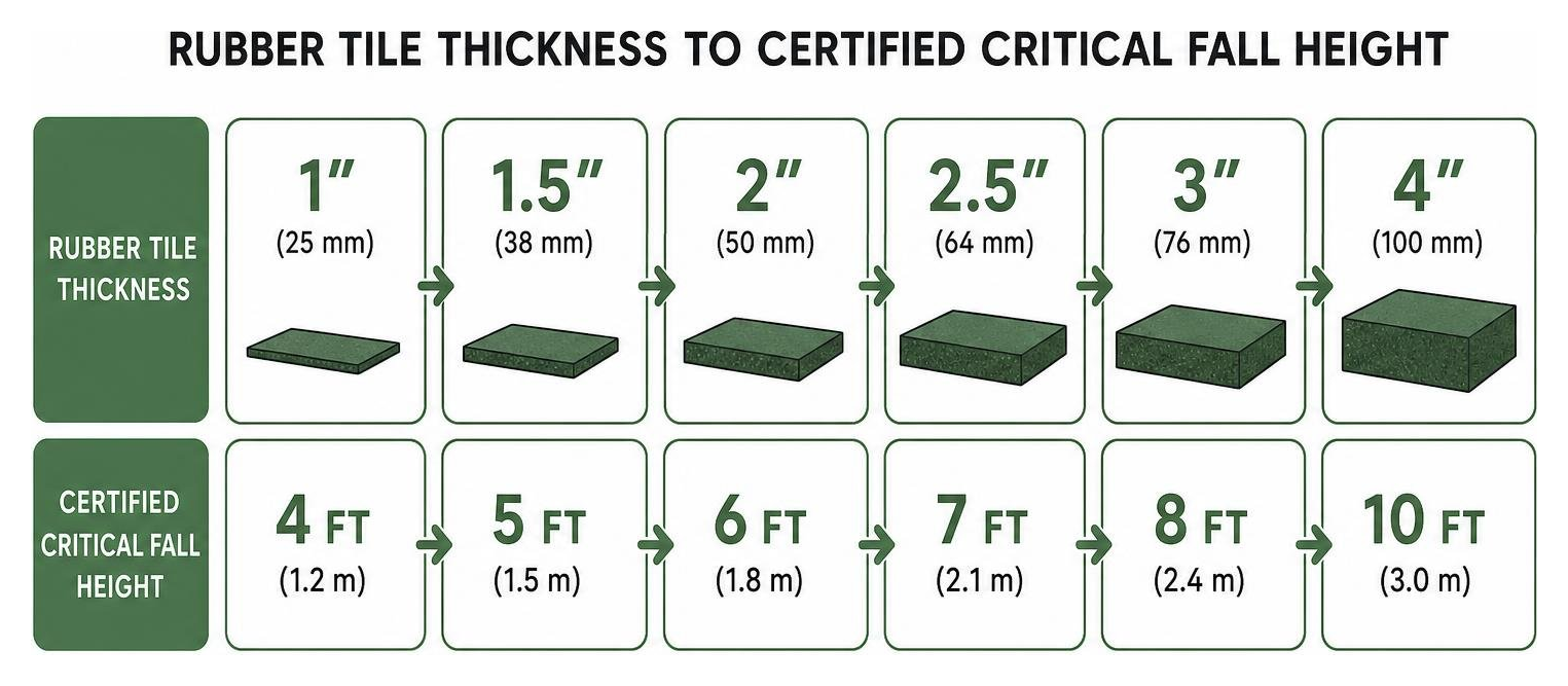 Diagram showing how different rubber tile thicknesses correspond to certified critical fall heights