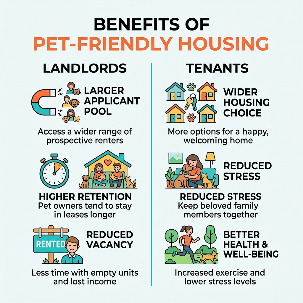 infographic showing benefits of pet-friendly housing for landlords and tenants - pets allowed rent infographic 