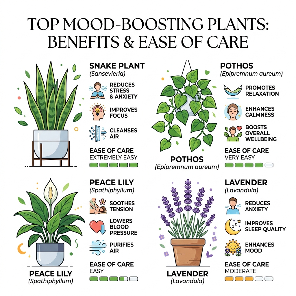 Infographic showing top mood-boosting plants, their benefits, and ease of care for indoor gardens - mood booster indoor Infographic showing top mood-boosting plants, their benefits, and ease of care for indoor gardens - mood booster indoor