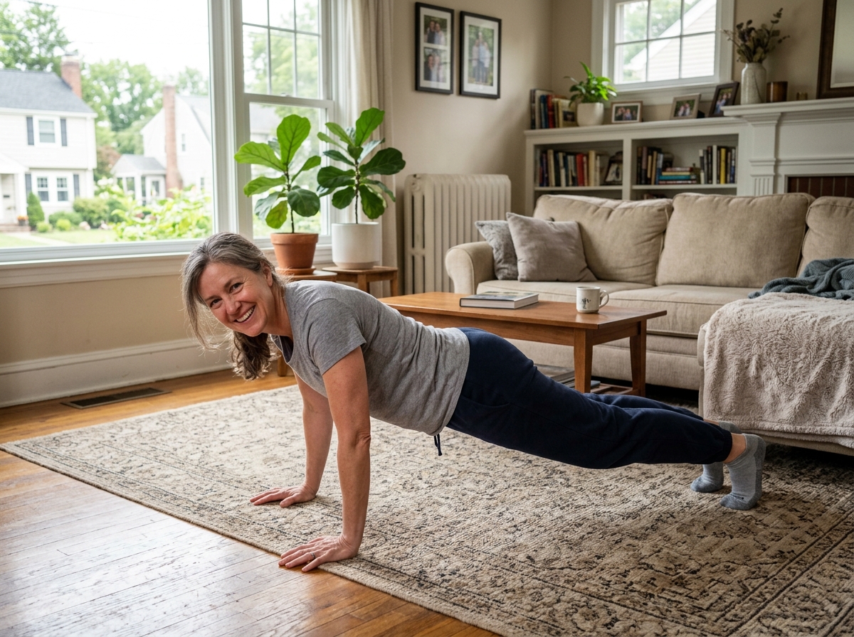 A person smiling while exercising at home - beginner workout at home A person smiling while exercising at home - beginner workout at home