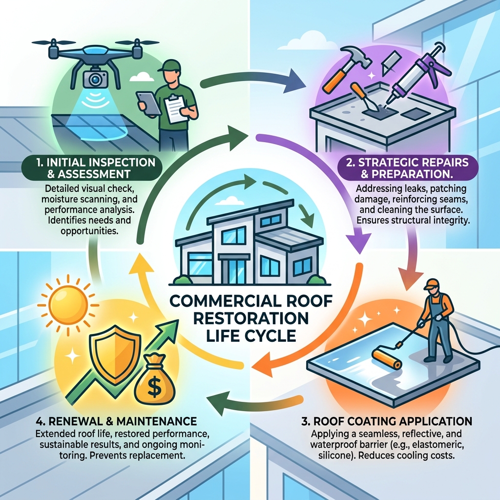 Commercial roof restoration life cycle infographic showing inspection, coating, repair, and renewal stages - madison wi Commercial roof restoration life cycle infographic showing inspection, coating, repair, and renewal stages - madison wi