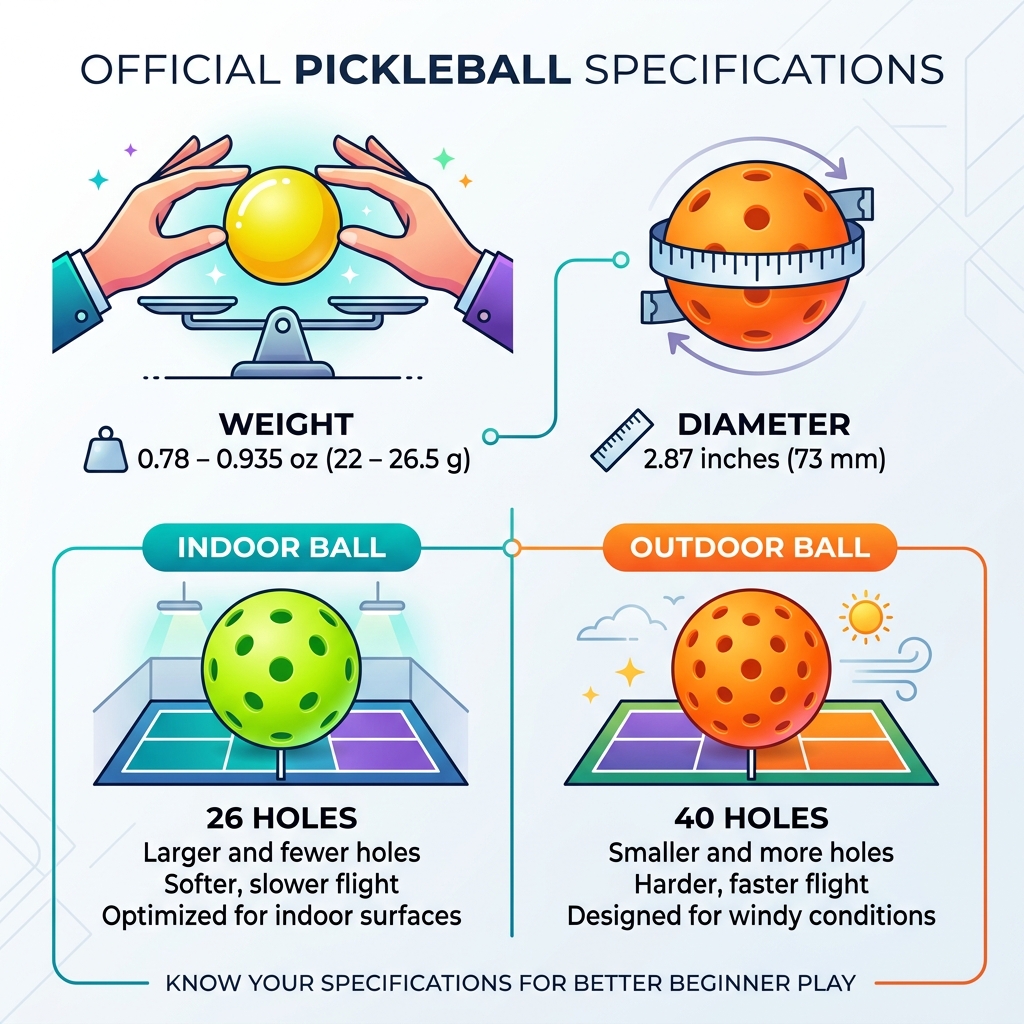 Infographic showing official pickleball specs: weight 0.78-0.935 oz, diameter 2.87 inches, indoor 26 holes vs outdoor 40
