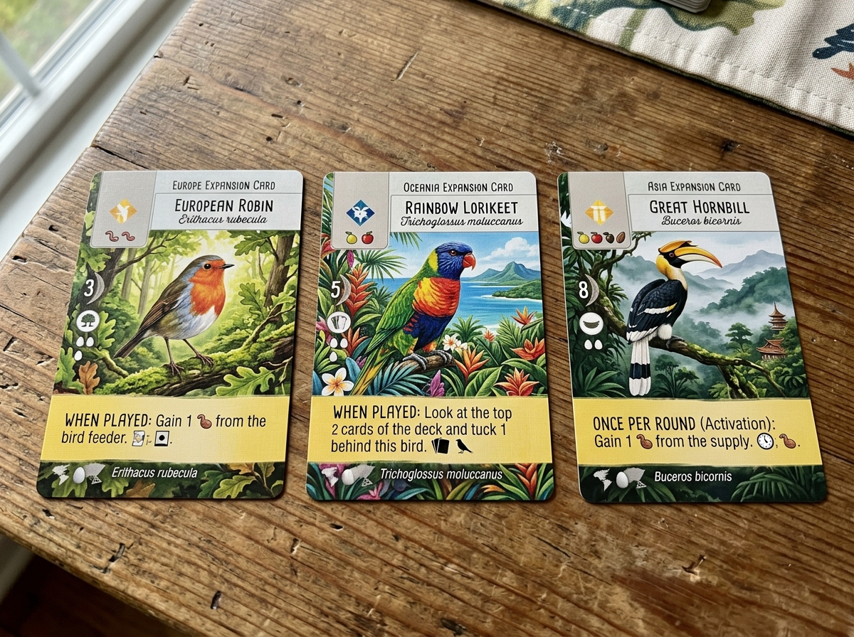 Comparison of bird cards from Europe, Oceania, and Asia displaying unique abilities and regional art - best wingspan Comparison of bird cards from Europe, Oceania, and Asia displaying unique abilities and regional art - best wingspan