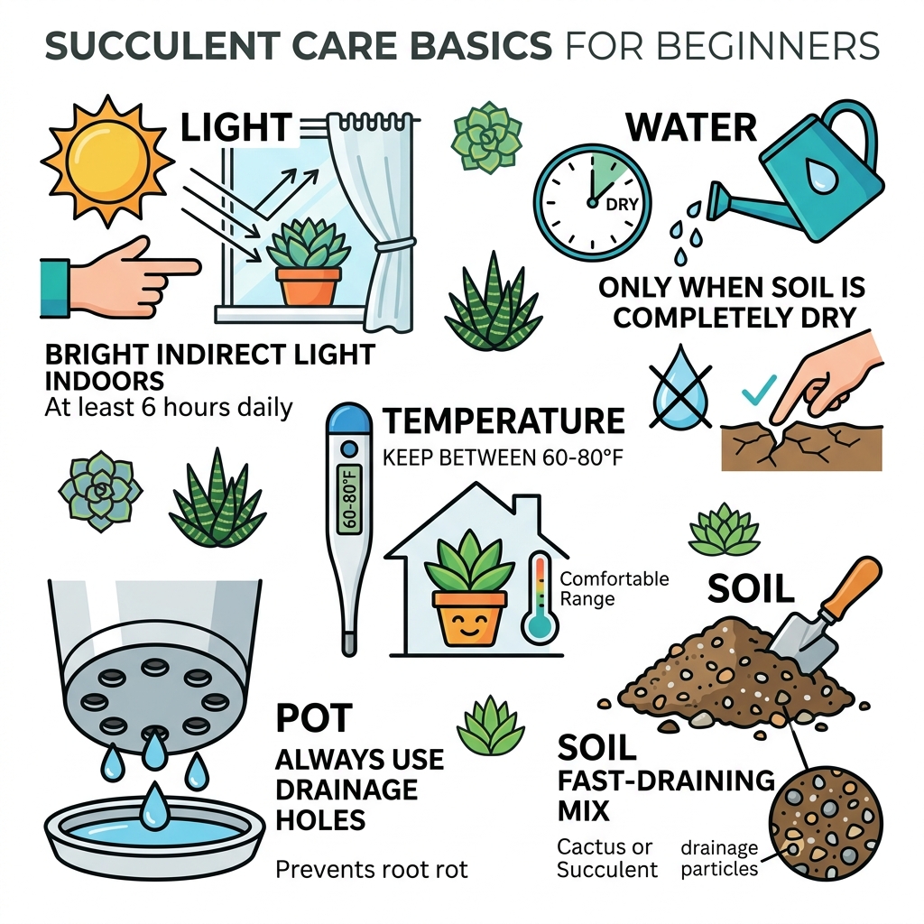 Succulent care basics infographic: light, water, soil, pot, and temperature guide for beginners - succulent care for