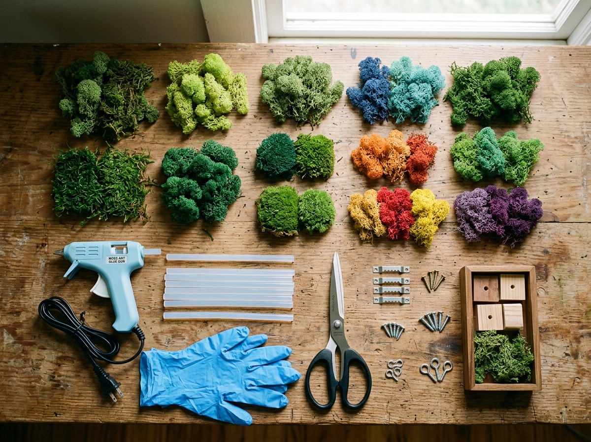 various moss types and tools laid out on a workspace - diy preserved moss wall