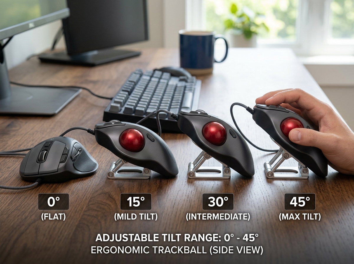 Ergonomic trackball mouse showing various adjustable tilt angles - best trackball mouse tendonitis Ergonomic trackball mouse showing various adjustable tilt angles - best trackball mouse tendonitis