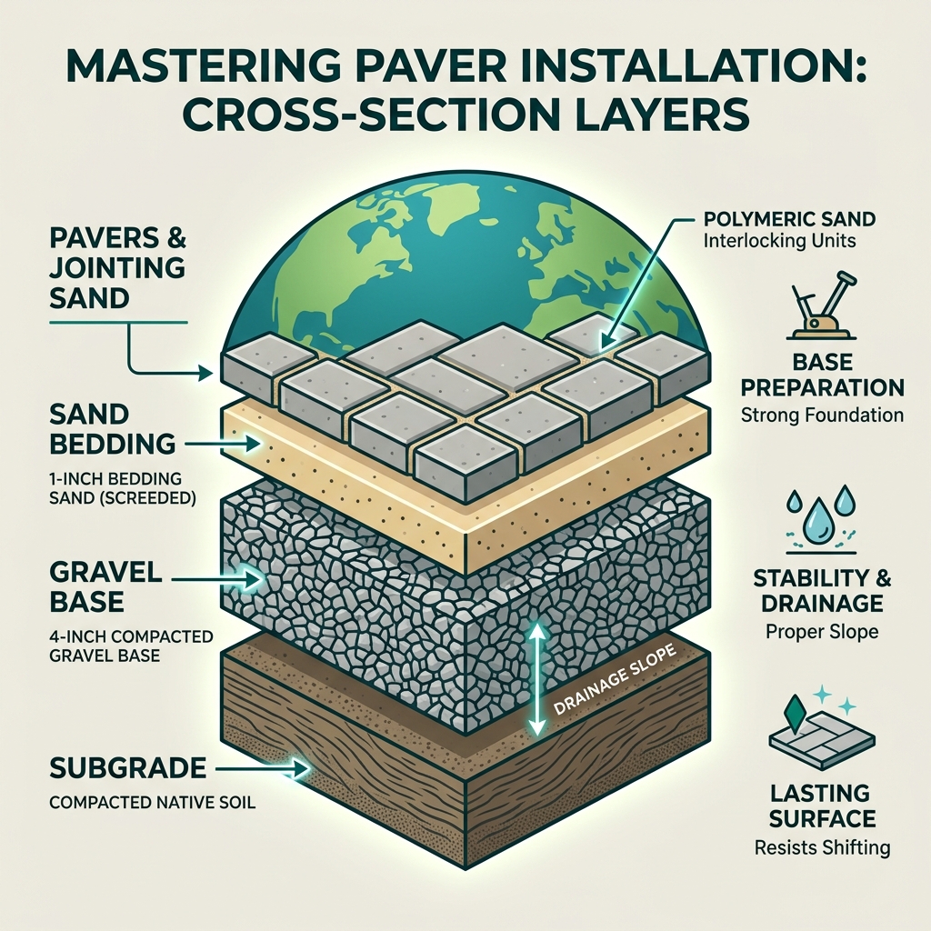 Cross-section layers of a paver installation showing subgrade, gravel base, sand bedding, pavers, and jointing sand - patio