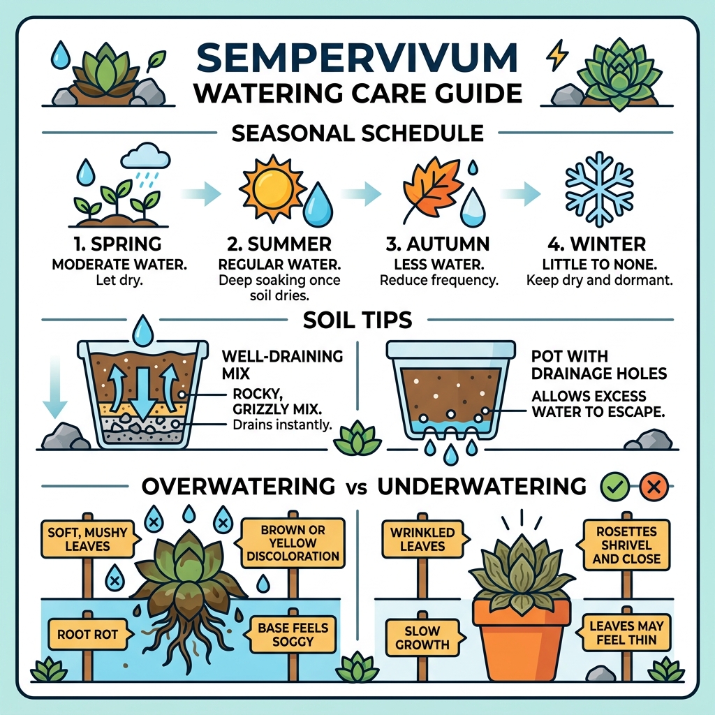 Sempervivum watering care infographic: seasonal schedule, soil tips, and overwatering vs underwatering signs - sempervivum