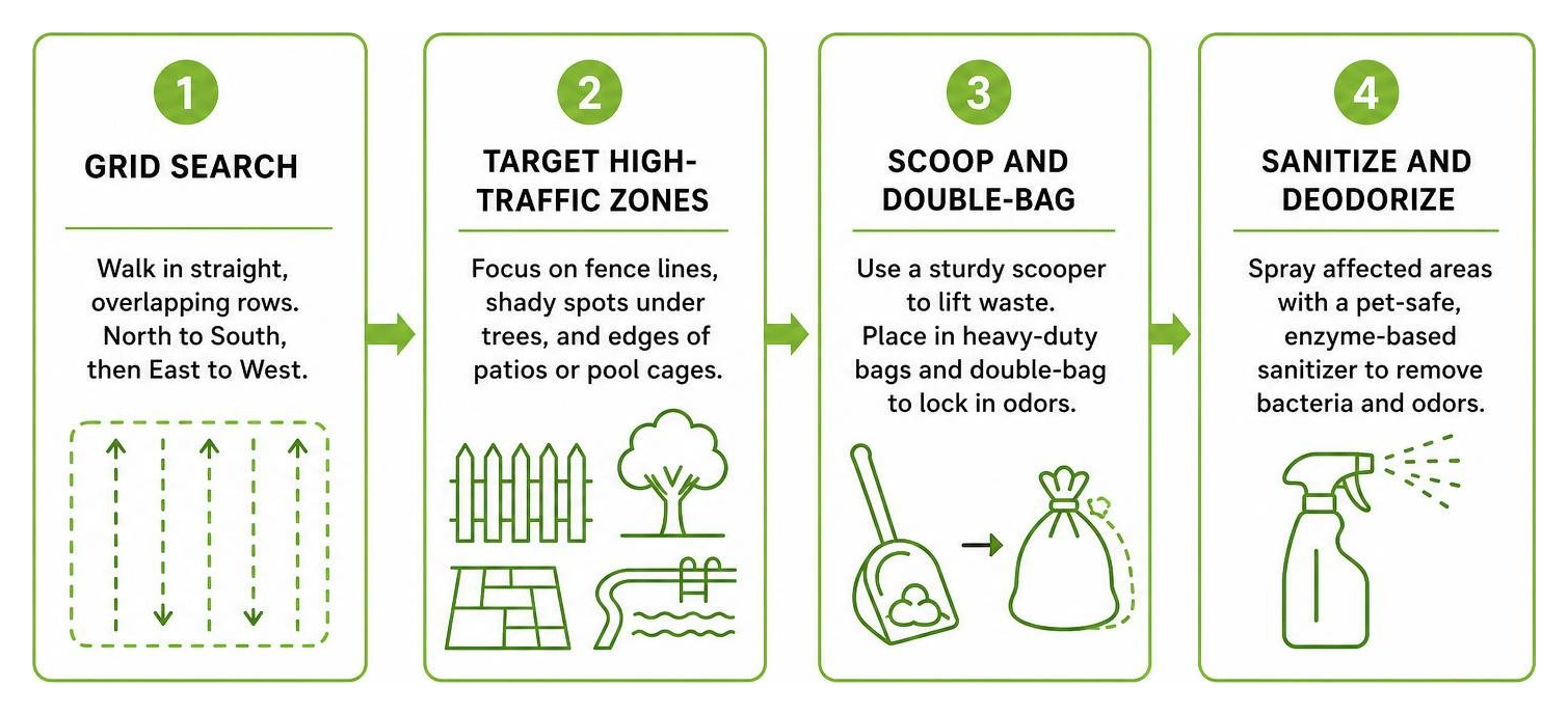 Step-by-step DIY spring poop clean up process diagram