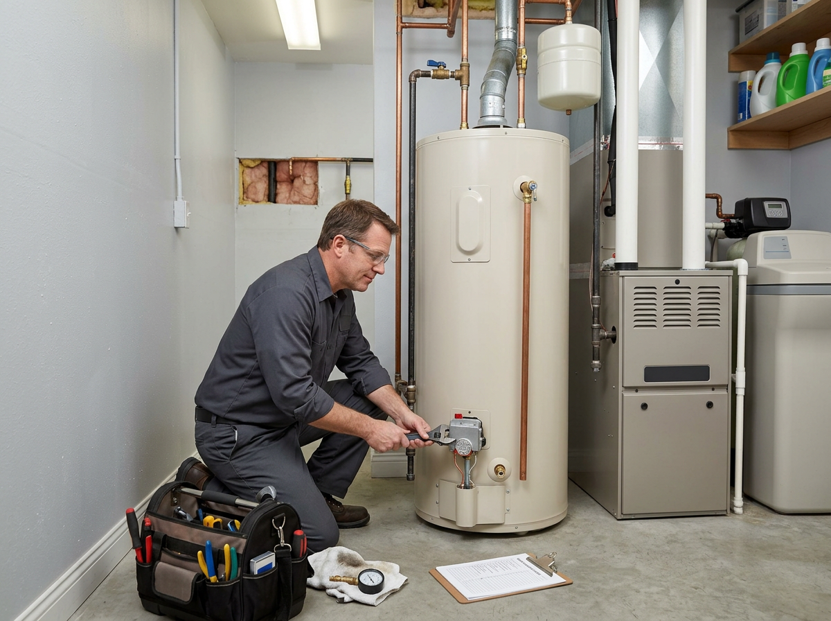Technician performing maintenance on a water heater