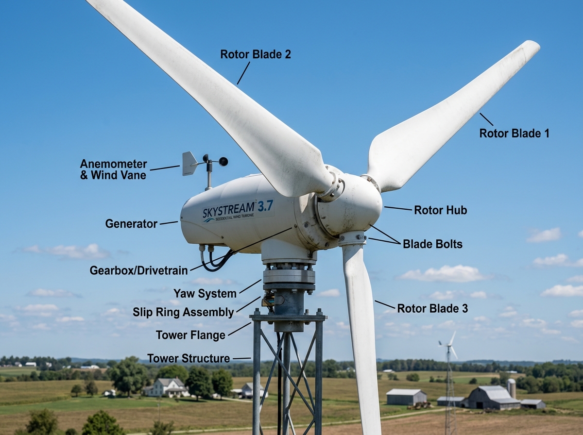 Detailed view of wind turbine components including blades and nacelle - wind turbine home setup