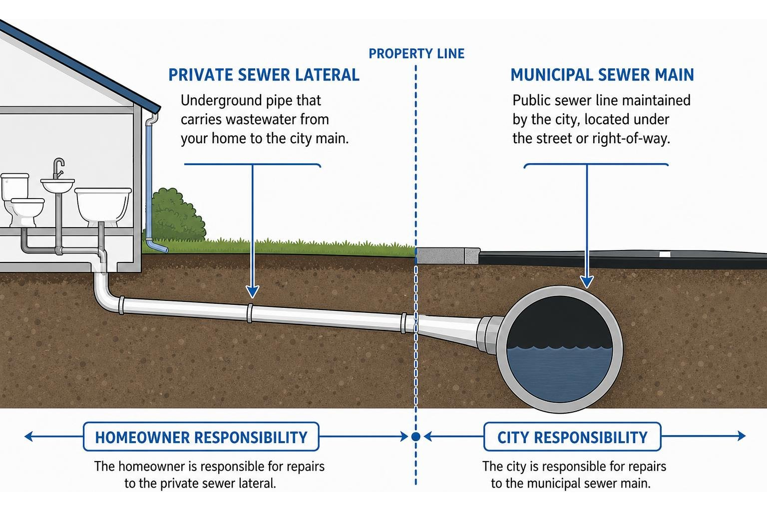 Diagram showing private sewer lateral connection to city municipal sewer main